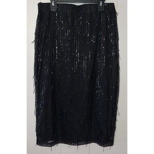 Women's Black Sequin Knee Length Skirt with Fringe Sequins Sz Medium (28 Inches)